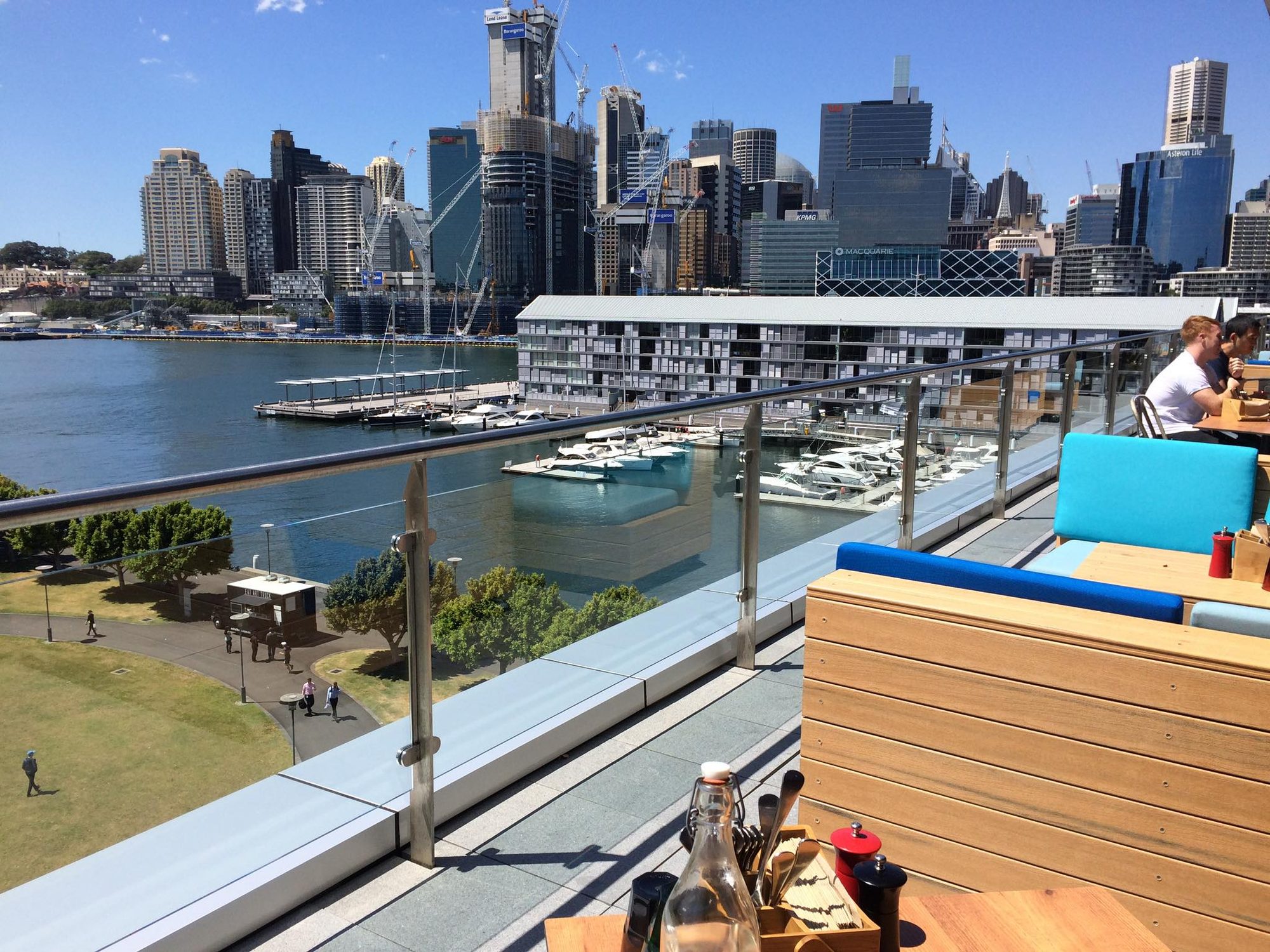 シドニー湾を見下ろすルーフトップのカフェ。ヨットが並ぶマリーナと建設中の高層ビル群、青いソファ席と木のテーブル