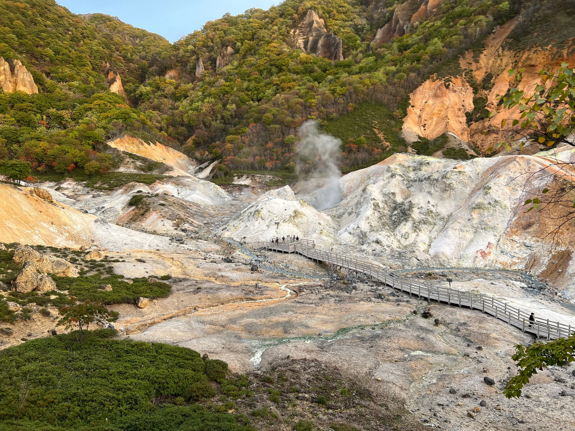 登別 地獄谷の遊歩道。噴気が立ちのぼる荒々しい火山地形を木道が抜ける