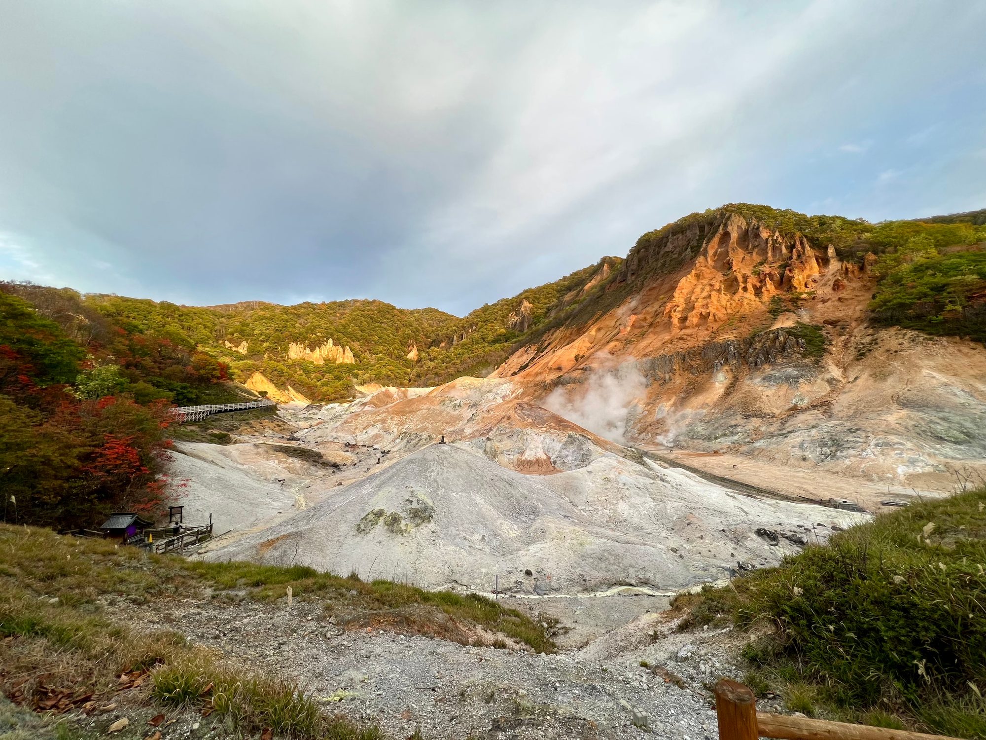 登別温泉の地獄谷。白や橙色の火山地形から湯気が立ち、周囲は紅葉の森